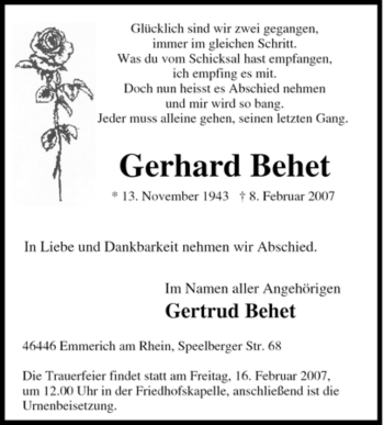 Traueranzeige von Gerhard Behet von Tageszeitung
