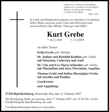 Traueranzeige von Kurt Grebe von Tageszeitung