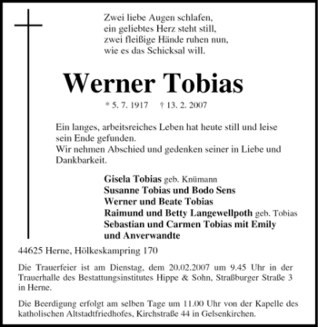 Traueranzeige von Werner Tobias von Tageszeitung
