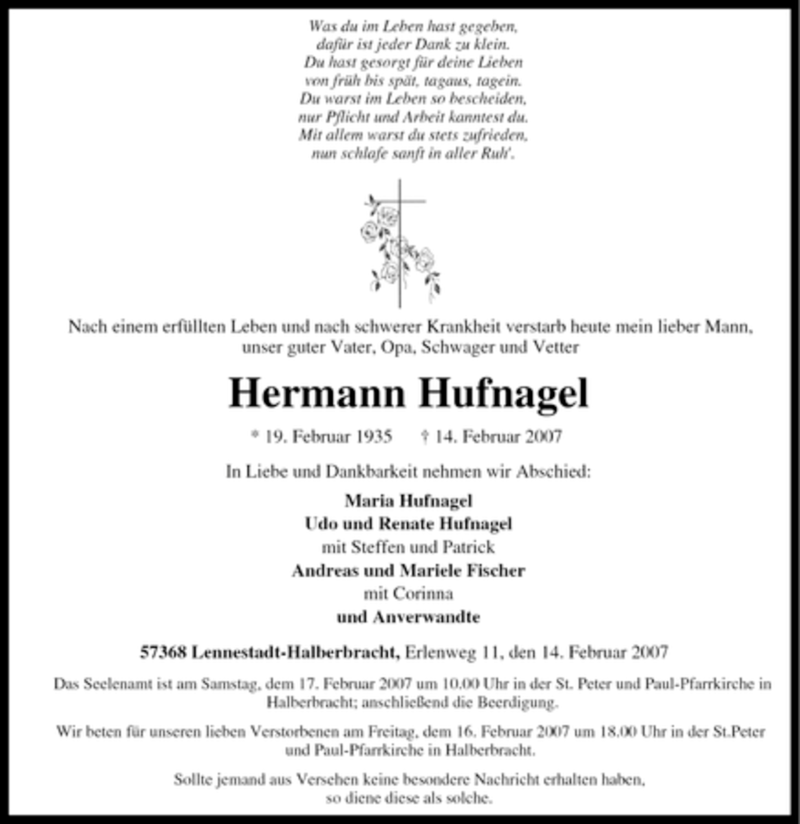  Traueranzeige für Hermann Hufnagel vom 15.02.2007 aus Tageszeitung