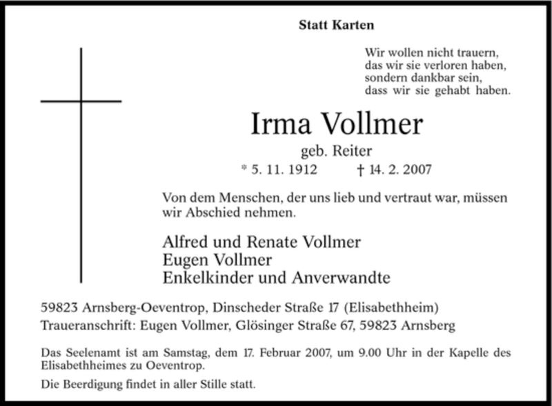  Traueranzeige für Irma Vollmer vom 15.02.2007 aus Tageszeitung