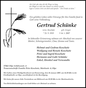 Traueranzeige von Gertrud Schünke von Tageszeitung