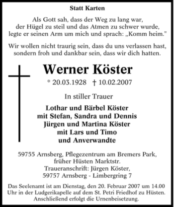 Traueranzeige von Werner Köster von Tageszeitung