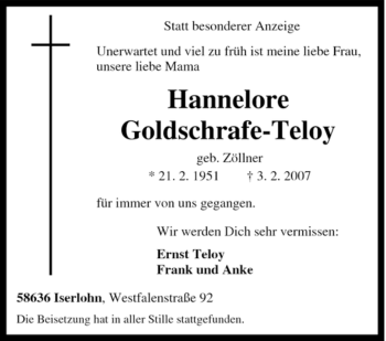 Traueranzeige von Hannelore Goldschrafe-Teloy von Tageszeitung