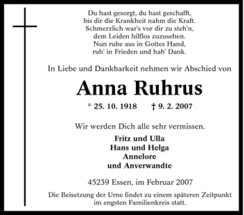 Traueranzeige von Anna Ruhrus von Tageszeitung