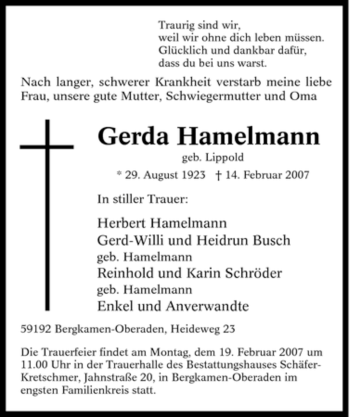 Traueranzeige von Gerda Hamelmann von Tageszeitung