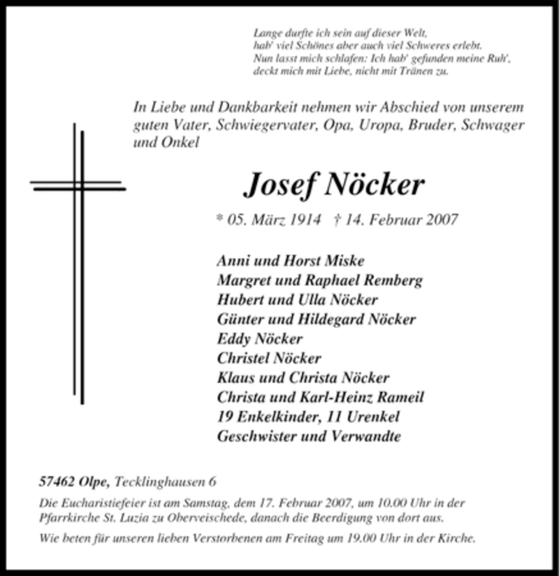  Traueranzeige für Josef Nöcker vom 16.02.2007 aus Tageszeitung
