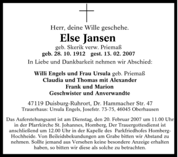 Traueranzeige von Else Jansen von Tageszeitung