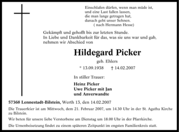 Traueranzeige von Hildegard Picker von Tageszeitung