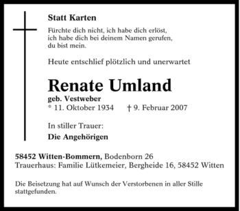 Traueranzeige von Renate Umland von Tageszeitung
