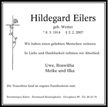 Traueranzeige von Hildegard Eilers von Tageszeitung