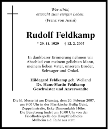 Traueranzeige von Rudolf Feldkamp von Tageszeitung