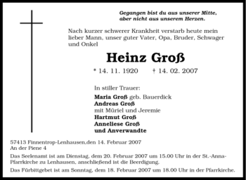 Traueranzeige von Heinz Groß von Tageszeitung