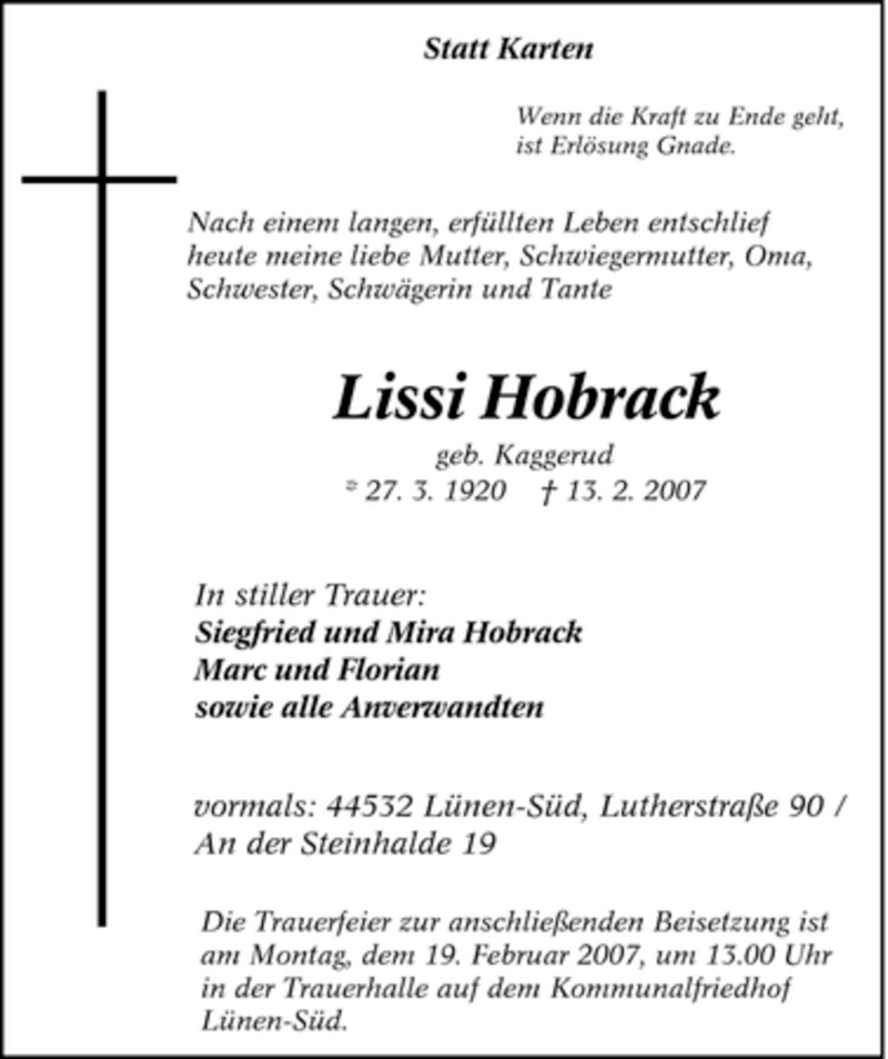  Traueranzeige für Lissi Hobrack vom 16.02.2007 aus Tageszeitung