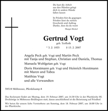 Traueranzeige von Gertrud Vogt von Tageszeitung