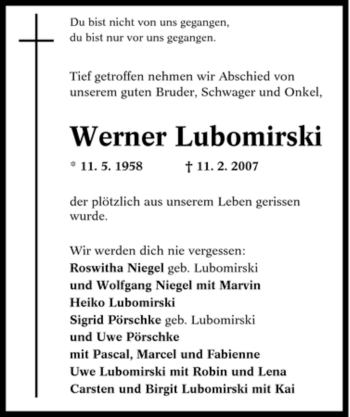 Traueranzeige von Werner Lubomirski von Tageszeitung