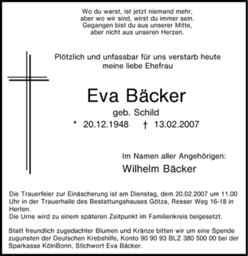 Traueranzeige von Eva Bäcker von Tageszeitung
