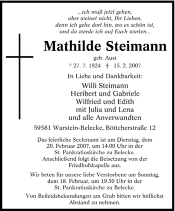 Traueranzeige von Mathilde Steimann von Tageszeitung