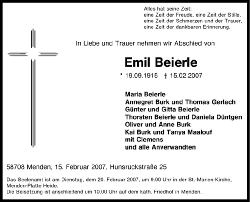  Traueranzeige für Emil Beierle vom 16.02.2007 aus Tageszeitung
