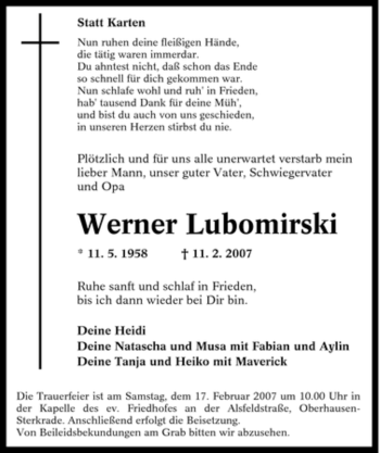 Traueranzeige von Werner Lubomirski von Tageszeitung