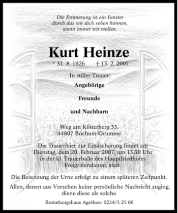 Traueranzeige von Kurt Heinze von Tageszeitung