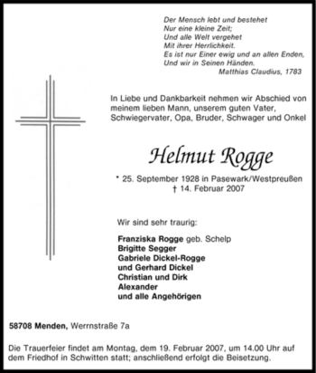 Traueranzeige von Helmut Rogge von Tageszeitung
