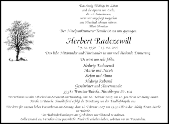 Traueranzeige von Herbert Radczewill von Tageszeitung