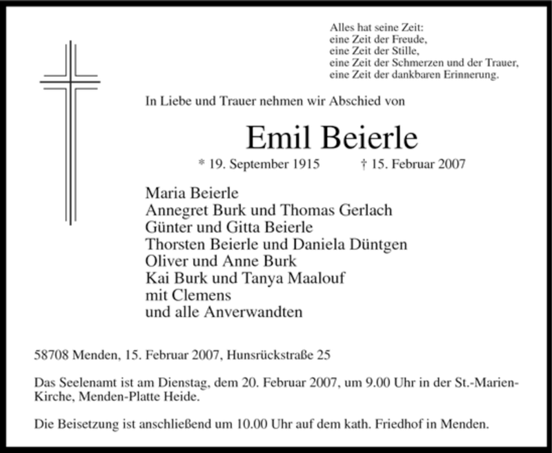  Traueranzeige für Emil Beierle vom 16.02.2007 aus Tageszeitung