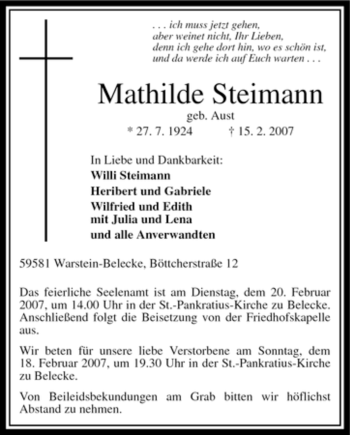 Traueranzeige von Mathilde Steimann von Tageszeitung