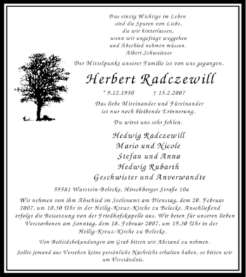 Traueranzeige von Herbert Radczewill von Tageszeitung