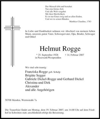 Traueranzeige von Helmut Rogge von Tageszeitung
