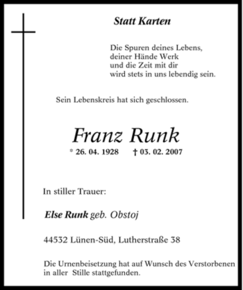Traueranzeige von Franz Runk von Tageszeitung