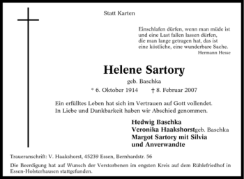 Traueranzeige von Helene Sartory von Tageszeitung