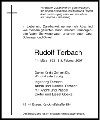 Traueranzeige von Rudolf Terbach von Tageszeitung
