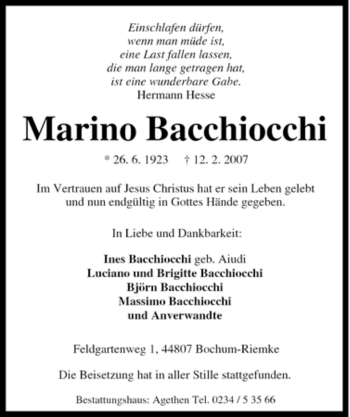 Traueranzeige von Marino Bacchiocchi von Tageszeitung