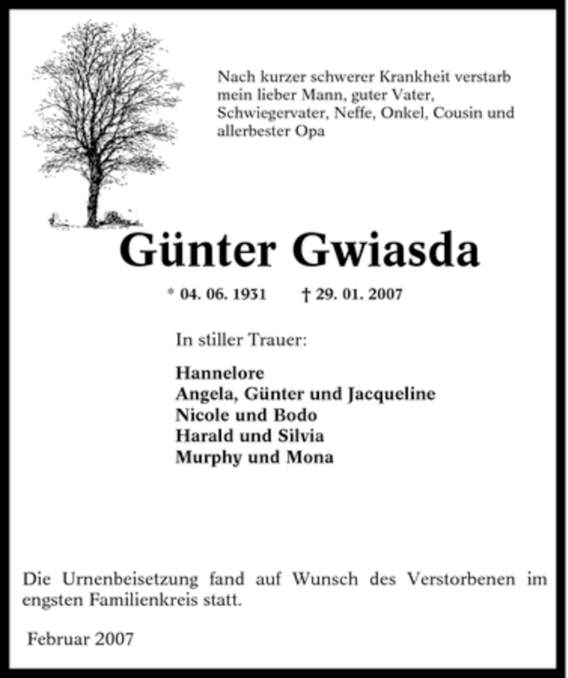  Traueranzeige für Günter Gwiasda vom 17.02.2007 aus Tageszeitung