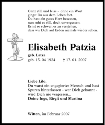 Traueranzeige von Elisabeth Patzia von Tageszeitung