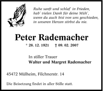 Traueranzeige von Peter Rademacher von Tageszeitung