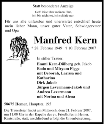 Traueranzeige von Manfred Kern von Tageszeitung