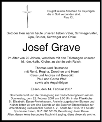 Traueranzeige von Josef Grave von Tageszeitung