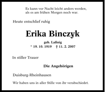 Traueranzeige von Erika Binczyk von Tageszeitung