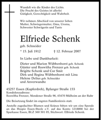 Traueranzeige von Elfriede Schenk von Tageszeitung