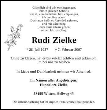 Traueranzeige von Rudi Zielke von Tageszeitung