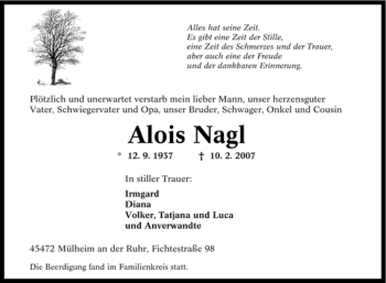 Traueranzeige von Alois Nagl von Tageszeitung