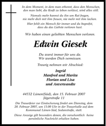 Traueranzeige von Edwin Giesek von Tageszeitung