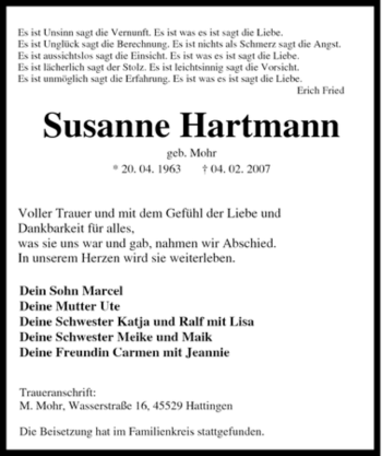 Traueranzeige von Susanne Hartmann von Tageszeitung