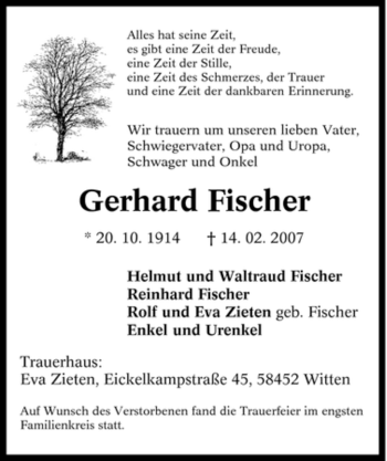 Traueranzeige von Gerhard Fischer von Tageszeitung