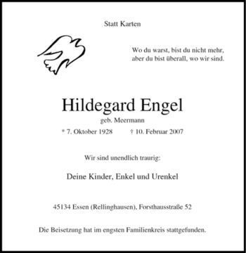 Traueranzeige von Hildegard Engel von Tageszeitung