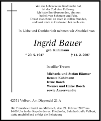 Traueranzeige von Ingrid Bauer von Tageszeitung