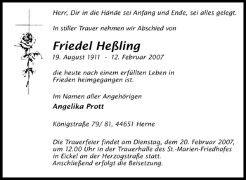 Traueranzeige von Friedel Heßling von Tageszeitung
